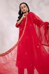 Yoseba_Red Organza Embroidery, Zari V-neck Kurta Set _at_Aza_Fashions