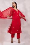 Shop_Yoseba_Red Organza Embroidery, Zari V-neck Kurta Set 