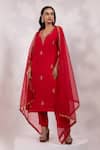 Buy_Yoseba_Red Organza Embroidery, Zari V-neck Kurta Set _at_Aza_Fashions