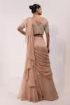 Yoseba_Beige Organza, Chiffon, Net Ruffles, Sequins V-neck Pre-draped Saree With Blouse _Online_at_Aza_Fashions