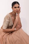 Buy_Yoseba_Beige Organza, Chiffon, Net Ruffles, Sequins V-neck Pre-draped Saree With Blouse 