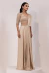 Buy_Yoseba_Beige Satin, Net Embroidery, Sequins, Embellished Blouse With Pre-draped Saree _at_Aza_Fashions