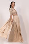 Shop_Yoseba_Beige Satin, Net Embroidery, Sequins, Embellished Blouse With Pre-draped Saree _Online_at_Aza_Fashions