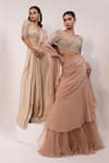 Yoseba_Beige Satin, Net Embroidery, Sequins, Embellished Blouse With Pre-draped Saree _at_Aza_Fashions