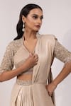 Shop_Yoseba_Beige Satin, Net Embroidery, Sequins, Embellished Blouse With Pre-draped Saree 