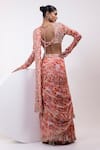 Shop_Yoseba_Orange Crepe Embroidery V-neck Printed Ruffle Pre-draped Saree With Blouse _at_Aza_Fashions