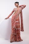 Yoseba_Orange Crepe Embroidery V-neck Printed Ruffle Pre-draped Saree With Blouse _at_Aza_Fashions