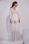 Yoseba_Ivory Net, Organza Embroidery V-neck Lace Embellished Peplum Top With Sharara _Online_at_Aza_Fashions