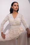 Buy_Yoseba_Ivory Net, Organza Embroidery V-neck Lace Embellished Peplum Top With Sharara _Online_at_Aza_Fashions