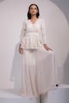 Shop_Yoseba_Ivory Net, Organza Embroidery V-neck Lace Embellished Peplum Top With Sharara _Online_at_Aza_Fashions