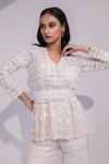 Yoseba_Ivory Net, Organza Embroidery V-neck Lace Embellished Peplum Top With Sharara _at_Aza_Fashions