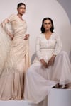Shop_Yoseba_Ivory Net, Organza Embroidery V-neck Lace Embellished Peplum Top With Sharara 