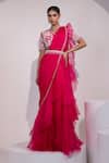 Buy_Yoseba_Fuchsia Organza, Chiffon, Net Beads, Embroidery Pre-draped Saree With Blouse _Online_at_Aza_Fashions