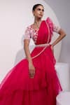 Yoseba_Fuchsia Organza, Chiffon, Net Beads, Embroidery Pre-draped Saree With Blouse _at_Aza_Fashions
