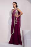 Yoseba_Wine Satin, Organza Mirrors, Embellished Blouse With Pre-draped Sharara Saree _Online_at_Aza_Fashions