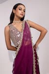 Buy_Yoseba_Wine Satin, Organza Mirrors, Embellished Blouse With Pre-draped Sharara Saree _Online_at_Aza_Fashions