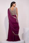 Shop_Yoseba_Wine Satin, Organza Mirrors, Embellished Blouse With Pre-draped Sharara Saree _at_Aza_Fashions
