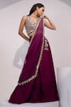 Buy_Yoseba_Wine Satin, Organza Mirrors, Embellished Blouse With Pre-draped Sharara Saree _at_Aza_Fashions