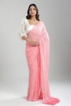 Shop_Aza X Shilpa Shetty Kundra_Pink Georgette, Silk Satin, Animal Swirl Print Saree With Puff Sleeve Blouse _Online_at_Aza_Fashions