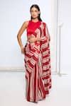 Ekaya Banaras_Red Satin, Silk Striped Saree With Running Blouse _at_Aza_Fashions