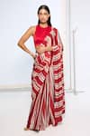 Buy_Ekaya Banaras_Red Satin, Silk Striped Saree With Running Blouse _at_Aza_Fashions