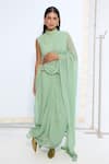 Buy_Ekaya Banaras_Green Chiffon Brooches Pale Saree With Running Blouse _at_Aza_Fashions