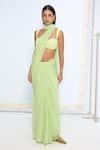 Buy_Ekaya Banaras_Green Chiffon Lime Polka Dotted Saree With Running Blouse _Online_at_Aza_Fashions