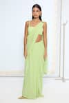 Buy_Ekaya Banaras_Green Chiffon Lime Polka Dotted Saree With Running Blouse _at_Aza_Fashions
