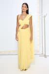 Ekaya Banaras_Yellow Chiffon Brooch Saree With Running Blouse _at_Aza_Fashions