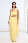 Buy_Ekaya Banaras_Yellow Chiffon Soft Movable Brooch Saree With Running Blouse _Online_at_Aza_Fashions