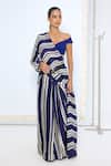 Ekaya Banaras_Navy Satin, Silk Striped Printed Saree With Running Blouse _Online_at_Aza_Fashions