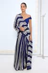 Buy_Ekaya Banaras_Navy Satin, Silk Striped Printed Saree With Running Blouse _at_Aza_Fashions
