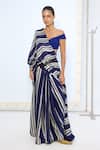 Buy_Ekaya Banaras_Navy Satin, Silk Striped Printed Saree With Running Blouse _Online_at_Aza_Fashions