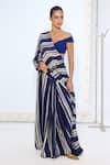 Shop_Ekaya Banaras_Navy Satin, Silk Striped Printed Saree With Running Blouse _Online_at_Aza_Fashions