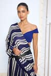 Ekaya Banaras_Navy Satin, Silk Striped Printed Saree With Running Blouse _at_Aza_Fashions