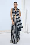 Buy_Ekaya Banaras_Black Satin, Silk And White Striped Saree With Running Blouse _at_Aza_Fashions
