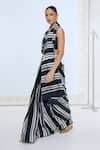 Ekaya Banaras_Black Satin, Silk And White Striped Saree With Running Blouse _Online_at_Aza_Fashions