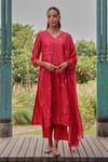 Buy_Vaayu_Red Muslin, Cotton Embroidery, Tassels V-neck Berry Floral Kurta Set _at_Aza_Fashions