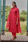 Vaayu_Red Muslin, Cotton Embroidery, Tassels V-neck Berry Floral Kurta Set _Online_at_Aza_Fashions