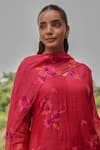 Vaayu_Red Muslin, Cotton Embroidery, Tassels V-neck Berry Floral Kurta Set _at_Aza_Fashions