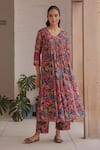 Buy_Vaayu_Multi Color Muslin, Cotton V-neck Amethyst Bloom Printed Kurta And Pant Set _at_Aza_Fashions