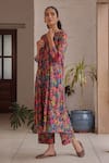 Shop_Vaayu_Multi Color Muslin, Cotton V-neck Amethyst Bloom Printed Kurta And Pant Set _Online_at_Aza_Fashions