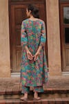 Shop_Vaayu_Green Muslin, Cotton V-neck Teal Bloom Print Kurta And Pant Set _at_Aza_Fashions