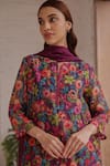 Vaayu_Multi Color Muslin, Cotton Tassels Split V-neck Amethyst Bloom Print Kurta Set _at_Aza_Fashions
