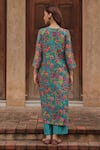Shop_Vaayu_Teal Muslin, Cotton Split V-neck Bloom Print Kurta Set _at_Aza_Fashions