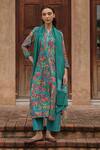 Shop_Vaayu_Teal Muslin, Cotton Split V-neck Bloom Print Kurta Set _Online_at_Aza_Fashions