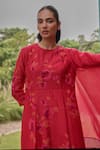 Vaayu_Red Muslin Applique Round Neck Berry Floral Print Anarkali With Dupatta _at_Aza_Fashions