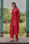 Vaayu_Red Silk Applique, Foil Printing Keyhole Berry Floral Embroidered Kurta Set _at_Aza_Fashions