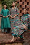 Buy_Vaayu_Teal Silk Embroidery V-neck Sleeve Printed Kurta With Pant _Online_at_Aza_Fashions