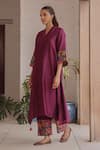 Shop_Vaayu_Purple Silk Embroidery, Tassels V-neck Amethyst Sleeve Printed Kurta With Pant _Online_at_Aza_Fashions